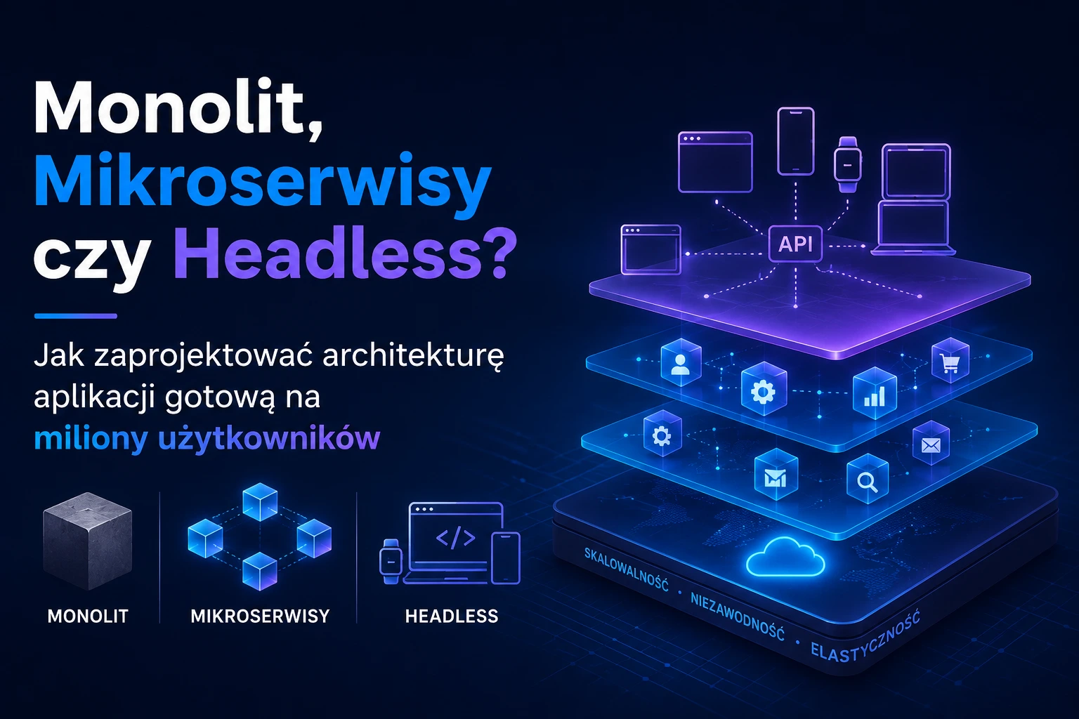 Nowoczesny baner przedstawiający architekturę aplikacji opartą o mikroserwisy, API i skalowalne systemy chmurowe