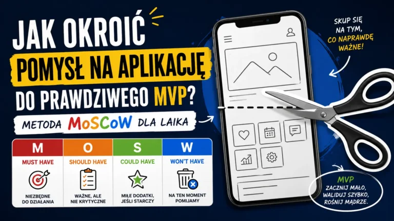 Miniatura artykułu o tworzeniu MVP aplikacji metodą MoSCoW. Na grafice widoczny jest smartfon przecinany nożyczkami, symbolizujący ograniczanie funkcji do niezbędnego minimum. Obok znajduje się tabela MoSCoW z kategoriami Must Have, Should Have, Could Have i Won't Have oraz tytuł „Jak okroić pomysł na aplikację do prawdziwego MVP? Metoda MoSCoW dla laika”.
